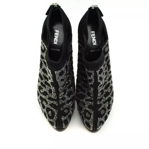 Fendi Size 37 Crystal Embellished Black Suede Platform High Heel Ankle Booties - Picture 2 of 9